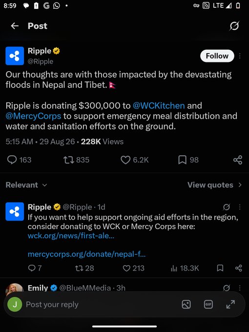 A screenshot of a post from Ripple (@Ripple) on X (formerly Twitter) announcing a $300,000 donation to WCKitchen and Mercy Corps for emergency relief efforts in Nepal and Tibet following devastating floods, with a follow-up reply linking to donation pages for wck.org and mercycorps.org.