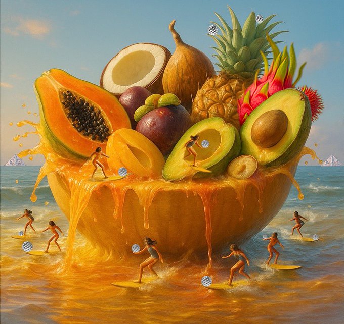 A surreal, oversized tropical fruit bowl filled with papayas, avocado, pineapple, and coconut sits on a beach, with tiny surfing figures playing in the waves around its dripping juice.