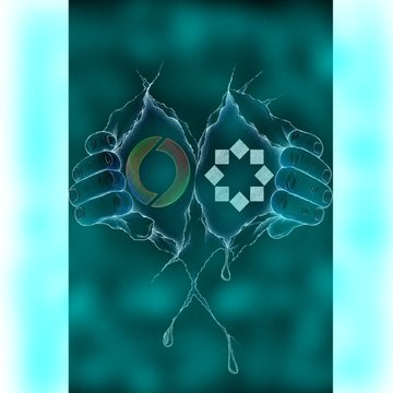 Two glowing teal hands grasp crypto and Web3 symbols, symbolizing the partnership between Soneium and Startale as they push boundaries through innovation, collaboration, and decentralized technology.