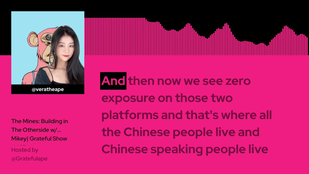 The image features a pink banner with black text that reads "And then now we see zero exposure on those two platforms and that's where all the Chinese people live and Chinese speaking people live" written by @BoredApeYC, who is known for their work in the crypto space. The post also mentions that they wrote an article ahead of time about BAYC Back during a low valley period.