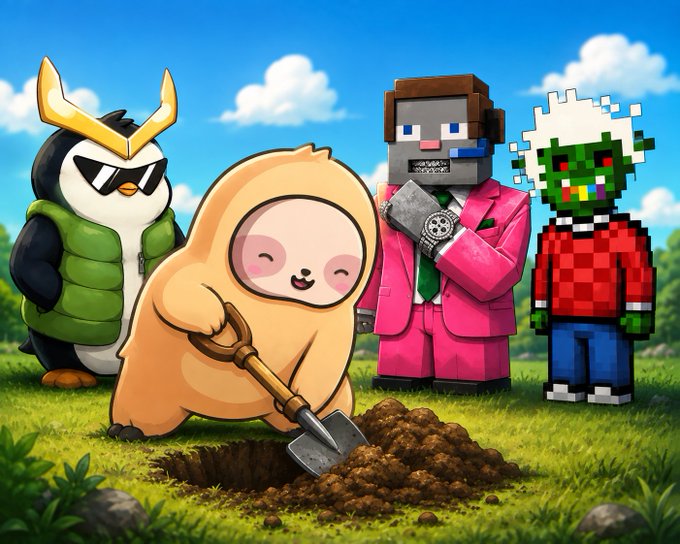 An illustration featuring a cute character in a tanuki suit digging a hole, flanked by a penguin in sunglasses, a Minecraft-style figure in a pink suit, and a green zombie-like character with white hair.