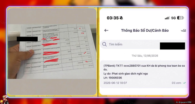 A split image showing a hand holding a printed transaction ledger with several entries redacted in red on the left, and a screenshot of a Vietnamese warning notification from TPBank regarding account xxxx2880701 being restricted by authorities on the right.
