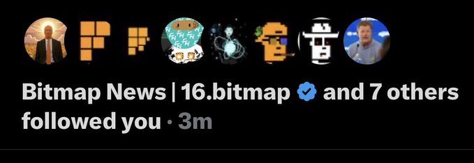 A social media notification showing several profile avatars and the text 'Bitmap News | 16.bitmap and 7 others followed you • 3m'.