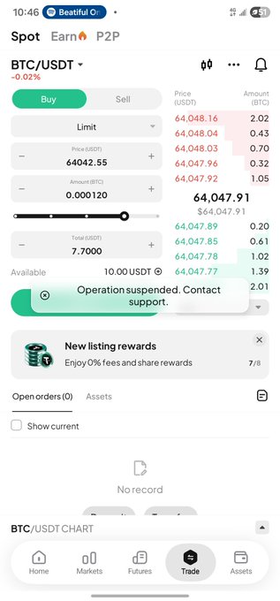 A mobile trading app screenshot showing a 'BTC/USDT' spot trade interface with a buy order at $64,047.91, though a green notification banner states 'Operation suspended. Contact support.'