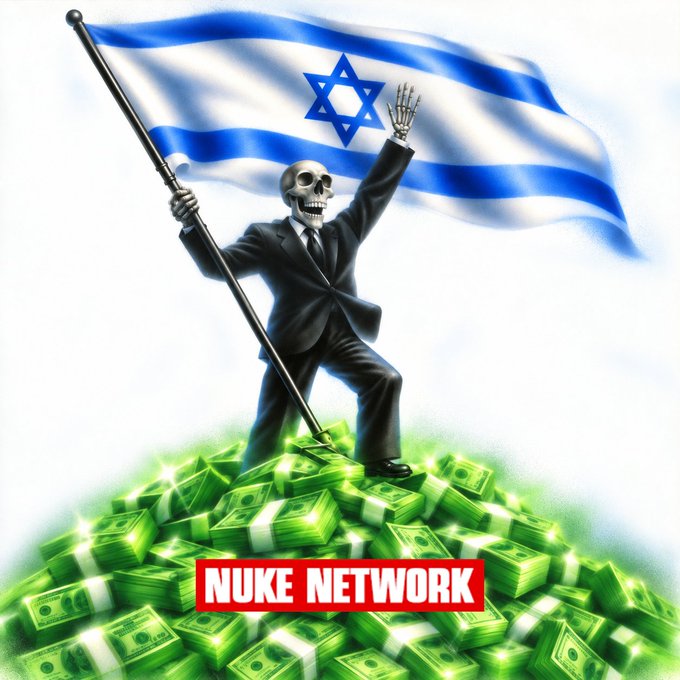A controversial AI-generated image depicts a suited skeleton waving an Israeli flag while standing on a pile of money with 'NUKE NETWORK' written below.