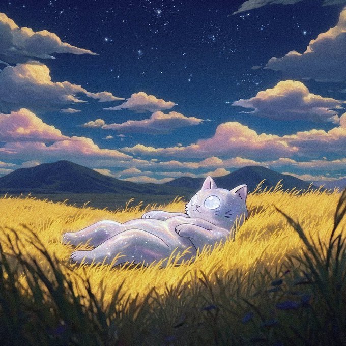 A whimsical illustration shows a cat-like figure lounging on its back in a golden field under a starry night sky with clouds.