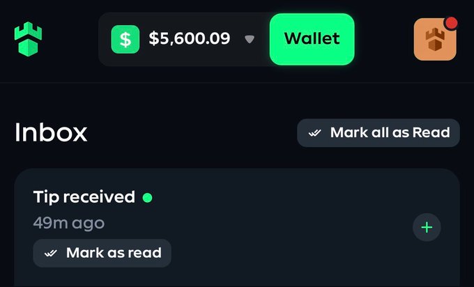 A digital wallet interface displays a balance of $5,600.09 alongside an inbox notification reading "Tip received" from 49 minutes ago, suggesting the user just woke up to find the birthday tip from Gamdom credited to their account.