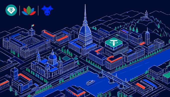 Stylized isometric digital illustration of Washington D.C. featuring the Capitol building, surrounded by government buildings and bridges, with logos in the top left including what appears to be a Tether-related emblem.