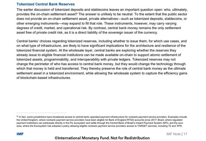 An IMF (International Monetary Fund) document page titled 'Tokenized Central Bank Reserves' (IMF Note | 17) discussing central banks' choices regarding tokenized reserves, on-chain settlement, and preserving central bank money as the ultimate settlement asset.