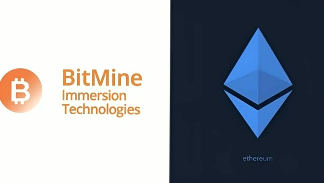 A side-by-side comparison image showing the orange 'BitMine Immersion Technologies' logo with a Bitcoin symbol on the left and the blue Ethereum diamond logo labeled 'ethereum' on the right.