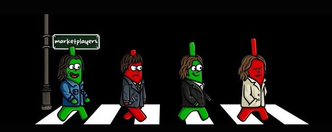 A parody of the Abbey Road Beatles album cover featuring four cartoon pepper characters (two green, two red) crossing a pedestrian crosswalk, with a sign reading 'marketplayers.'