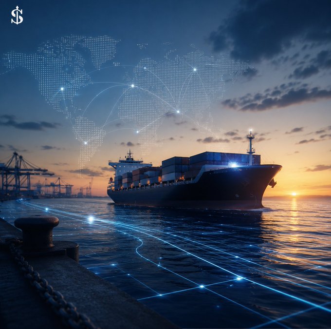 A container ship sails toward port at sunset beneath a glowing digital world map with interconnected nodes, while illuminated data streams flow across the water toward the dock—visually echoing the post's theme of maritime intelligence platforms like EthraShip's SeaVerity aggregating global shipping signals into actionable insight. The "$" logo appears in the upper left corner.