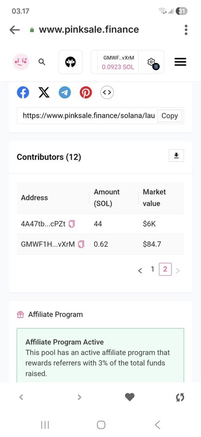 A mobile screenshot of www.pinksale.finance displays contributor information for a Solana token (GMWF...vXrM) showing 12 contributors, with two visible addresses contributing 44 SOL ($6K) and 0.62 SOL ($84.7) respectively, along with an active Affiliate Program offering 3% referral rewards.