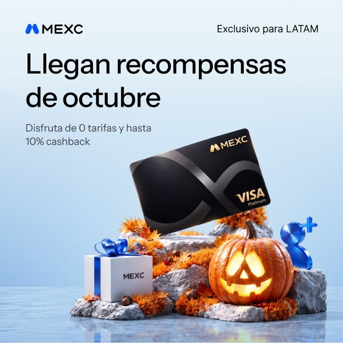 A MEXC promotional advertisement in Spanish announcing October rewards for LATAM users, including a black MEXC Visa Platinum card alongside a jack-o'-lantern and gift boxes.