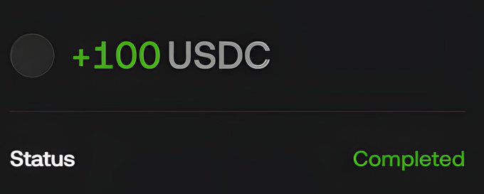 A completed transaction notification showing '+100 USDC' in green text with a status of 'Completed'.