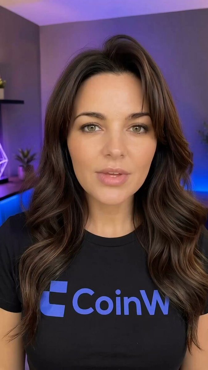 The image features a woman wearing a black t-shirt that says "CoinW" on it. She has long brown hair and is looking directly at the camera while posing for the photo. The background of the image appears to be a room with purple lighting, which adds an artistic touch to the overall composition.
