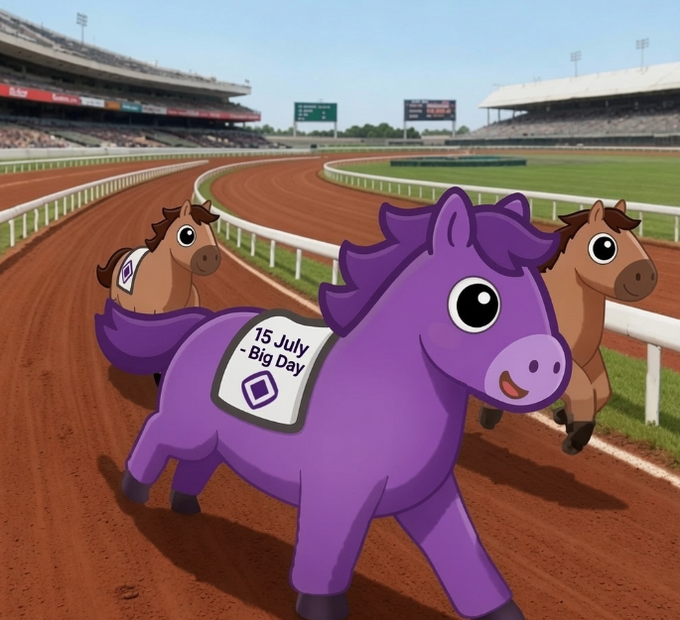 A cartoon illustration of three horses racing on a dirt track, with a prominent purple horse in front wearing a bib reading '15 July - Big Day' alongside two brown horses, set in a stadium.