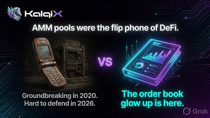 A promotional graphic for KalaxX comparing old AMM pools (a flip phone) to the new order book ('The order book glow up is here.'), created with Grok.