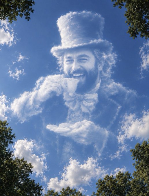 A whimsical image shows clouds in a blue sky shaped into the form of a smiling bearded man wearing a top hat and bow tie, drinking from a teacup.