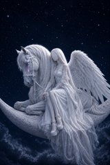 A white, detailed angel figurine with large wings sitting on a crescent moon against a dark blue, starry background.