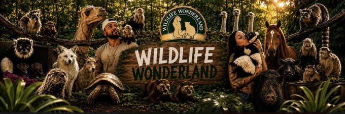 The image showcases a vibrant "Wildlife Wonderland" banner surrounded by humans and various exotic animals like raccoons, sloths, lemurs, ostriches, and pigs in a lush jungle setting—visually representing the "WW" ticker symbol featured in the post about a Solana-based cryptocurrency gaining early attention and momentum.