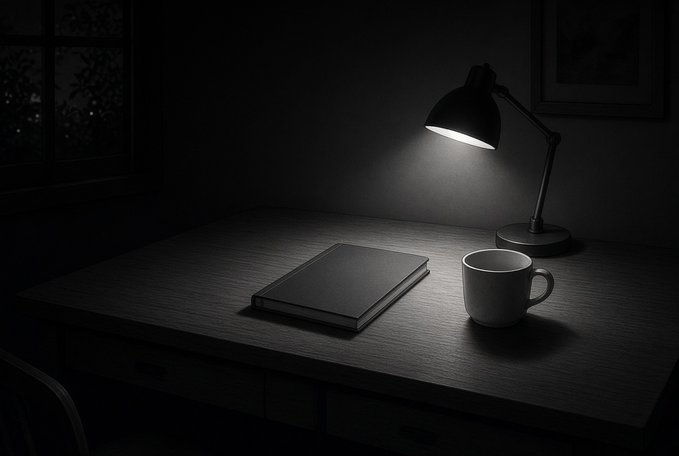 A dimly lit desk scene illuminated by a single desk lamp, casting light on a closed book and a white coffee mug.