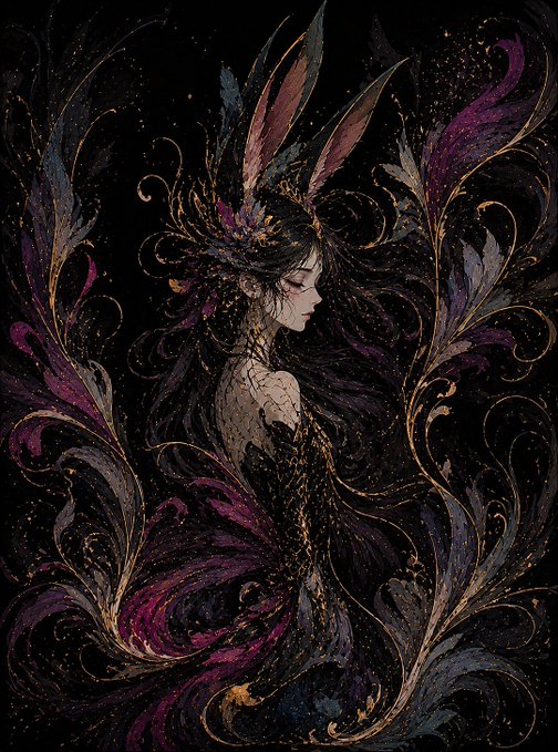The image features a beautiful illustration of a woman with long hair, wearing an ornate headdress adorned with feathers. The background of the image is black, which contrasts with the vibrant colors of the woman's dress and the intricate details on her hair. The text in the image reads "Good morning my dear friends The Velvet Oracle Surrounded by flourishing forms that bloom from darkness, she serves as a guardian of forgotten dreams and hidden truths".