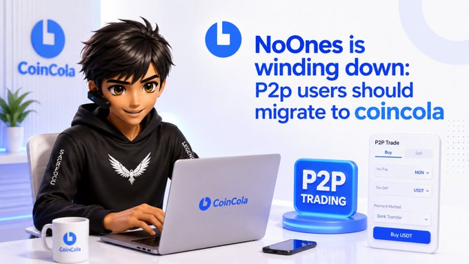 A CoinCola-branded promotional image featuring an illustrated character in a black hoodie using a laptop, with text announcing "NoOnes is winding down: P2P users should migrate to coincola," alongside the CoinCola logo and a P2P trading interface screenshot showing options to buy USDT with NGN via bank transfer. The image directly supports the post's message by visually presenting CoinCola as the recommended alternative platform for former NoOnes P2P users.