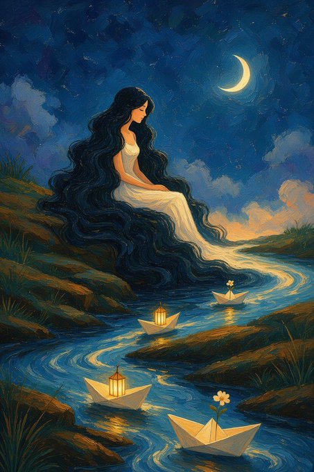 Painterly illustration of a woman with long flowing black hair in a white dress sitting by a stream under a crescent moon, with paper boats carrying glowing lanterns floating downstream.