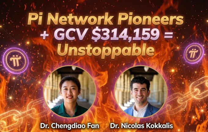 A graphic titled "Pi Network Pioneers + GCV $314,159 = Unstoppable" features circular portraits of Dr. Chengdiao Fan and Dr. Nicolas Kokkalis against a fiery background with Pi and chain logos, visually reinforcing the post's call for supporters to rally behind Pi's projected market cap surpassing Bitcoin.