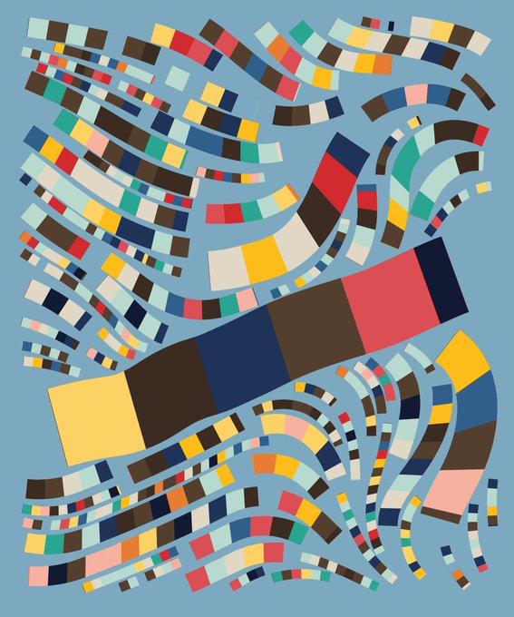 An abstract artwork on a light blue background featuring swirling, wavy bands made of small, colorful rectangular segments in various shades.