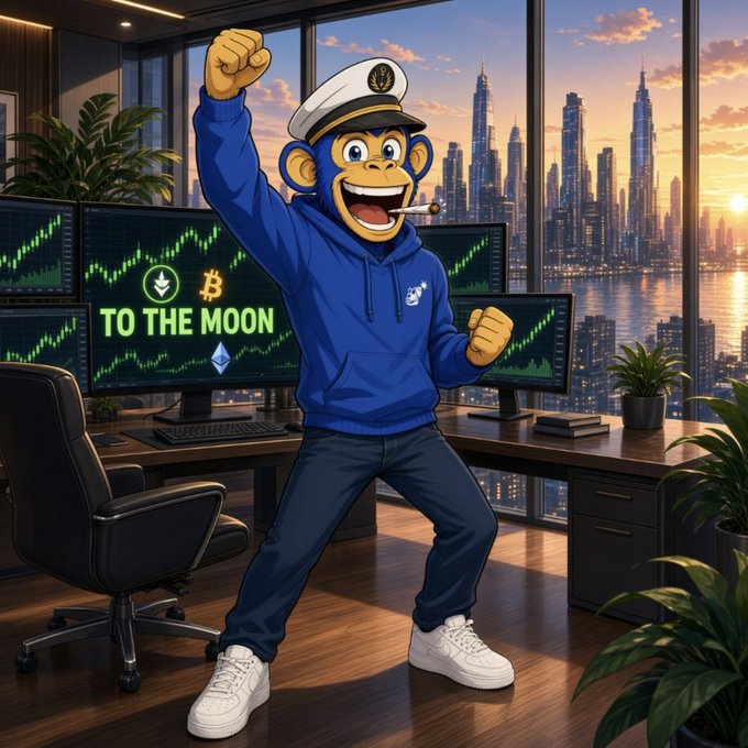 A cartoon blue monkey wearing a captain's hat and hoodie cheers excitedly in a high-rise office with monitors displaying 'TO THE MOON' and crypto logos including Bitcoin and Ethereum.
