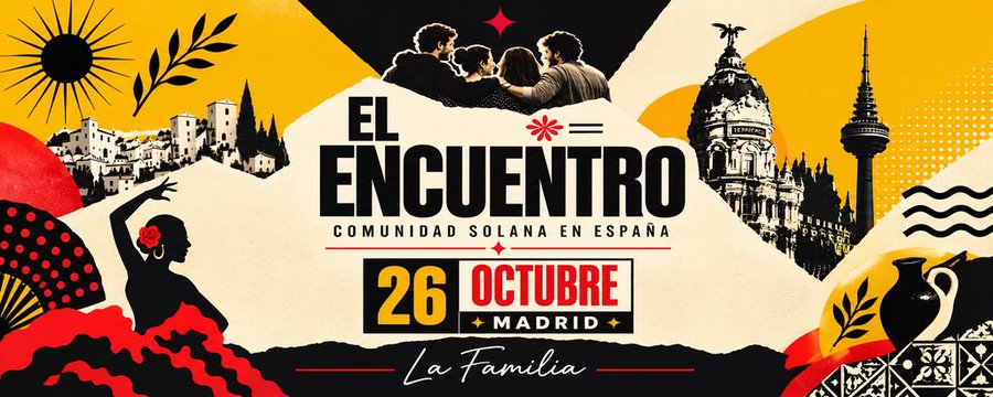 A retro-style Spanish event poster reads “EL ENCUENTRO,” “COMUNIDAD SOLANA EN ESPAÑA,” “26 OCTUBRE,” “MADRID,” and “La Familia,” surrounded by Madrid landmarks, dancers, and black, cream, red, and yellow graphic elements.