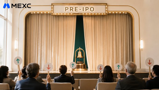 An illustration depicting a pre-IPO event with a 'PRE-IPO' sign above a stage containing a bell, while an audience holds up arrows (some up, some down), with the 'MEXC' logo in the top left.