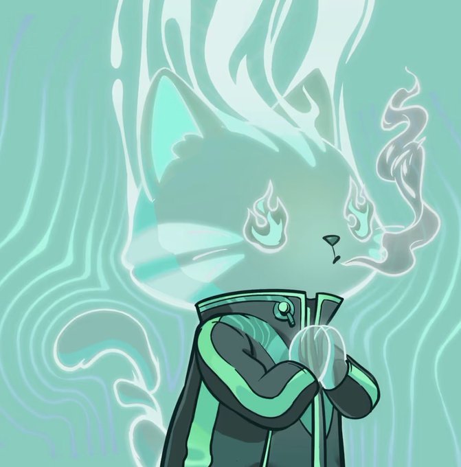 A digital illustration shows a translucent, glowing teal spirit-like fox with flame-shaped eyes emerging from the back of a hooded figure wearing a dark jacket with bright green accents.