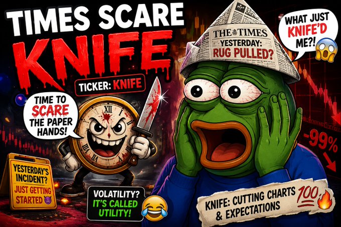 A meme graphic with horror-comedy themes featuring a Pepe the Frog character wearing a 'The Times' newspaper hat, alongside a knife-wielding clock character. Text includes 'TIMES SCARE KNIFE', 'TICKER: KNIFE', '-99%', and 'KNIFE: CUTTING CHARTS & EXPECTATIONS 100%'.