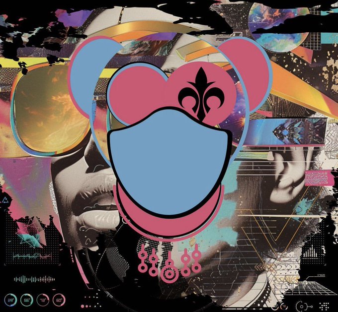 A chaotic digital collage artwork featuring a stylized pink and blue mouse-shaped character with a fleur-de-lis emblem, layered over a black and white screaming face with colorful abstract elements.