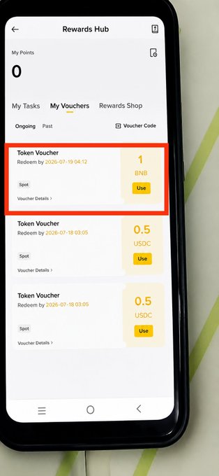 A smartphone displays the Binance Rewards Hub showing a 1 BNB Token Voucher (alongside smaller 0.5 USDC vouchers) highlighted in a red box, confirming the crypto giveaway the user received from Binance's "Built by You" 9th Anniversary campaign.