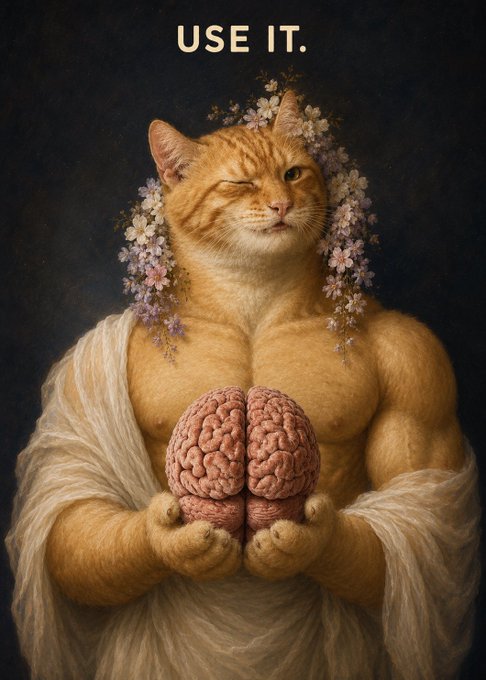 A humorous renaissance-style painting of a muscular orange tabby cat with a flower crown holding a human brain, captioned with the text 'USE IT.'