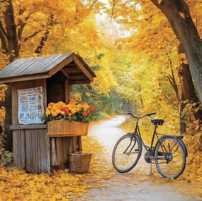 An autumnal path lined with golden-yellow trees features a wooden flower stand with a basket of marigolds and a vintage bicycle parked beside it.