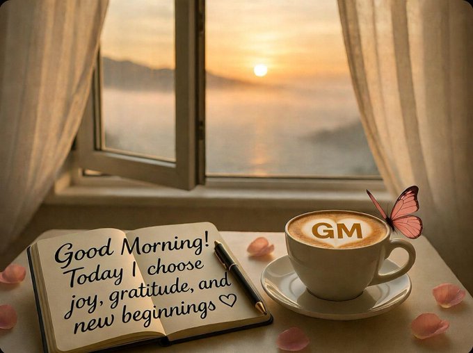 The image features a white table with an open book titled "Good Morning!" and a cup of coffee sitting on top, along with some rose petals scattered around. The text in the image reads "Good Morning! What's your take on @base this year? Let's build!". This post seems to be promoting a new year's resolution or a personal goal for the reader.