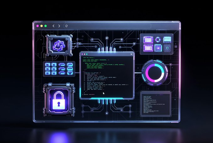 A futuristic digital interface showing code, a recycling icon, a padlock symbol, and colorful UI elements in a neon-lit cyberpunk style.
