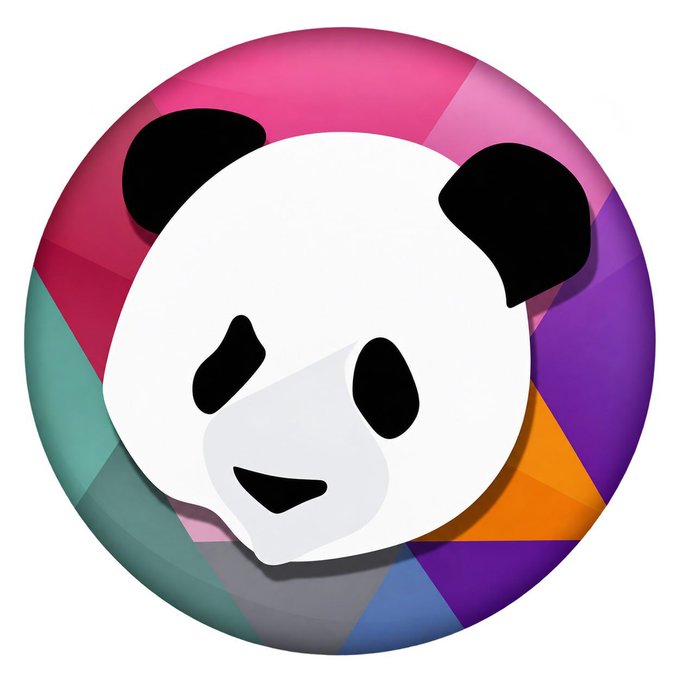 A round logo featuring a stylized white panda face on a multicolored geometric background.