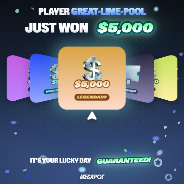 A promotional graphic for MEGAPOT announces "PLAYER GREAT-LIME-POOL JUST WON $5,000," featuring a highlighted "LEGENDARY" tier icon displaying the prize amount alongside the tagline "IT'S YOUR LUCKY DAY GUARANTEED!" The image ties directly to the post's message, showing an example winner to promote the jackpot opportunity at basedmining.xyz/jackpot.