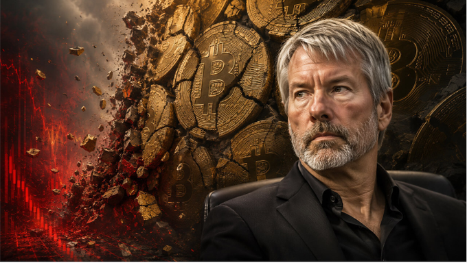 A digitally composed image showing a gray-haired, bearded man in a black suit in the foreground, with a dramatic background of shattering Bitcoin coins, red charts, and fire.
