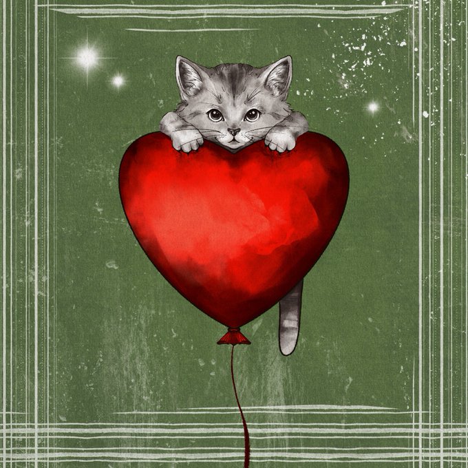 An illustrated gray tabby kitten peeks over the top of a large red heart-shaped balloon against a textured green background.