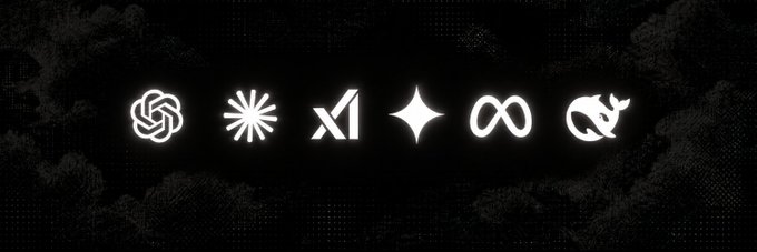 A black banner with a dotted world map background displays six glowing white AI company logos, including OpenAI, Claude, xAI, and Meta.