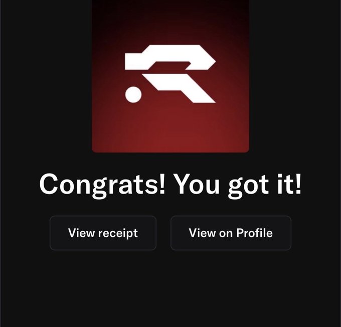 A dark-themed confirmation screen featuring a stylized white "R" logo on a red gradient background with the text "Congrats! You got it!" and buttons to "View receipt" or "View on Profile." The image represents the successful acquisition of guaranteed allocation spots and whitelist access for TheProjectR3D, confirming the milestone the user achieved for their communities.
