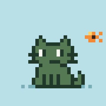 A pixel art illustration shows a green cat-like creature with pointy ears and a small tail sitting beside an orange pixelated fish, set against a light blue background. The image parodies NFTs by depicting a simple, low-resolution digital "pet" resembling a virtual collectible creature, humorously tying into the post's playful nostalgia about collecting digital assets.