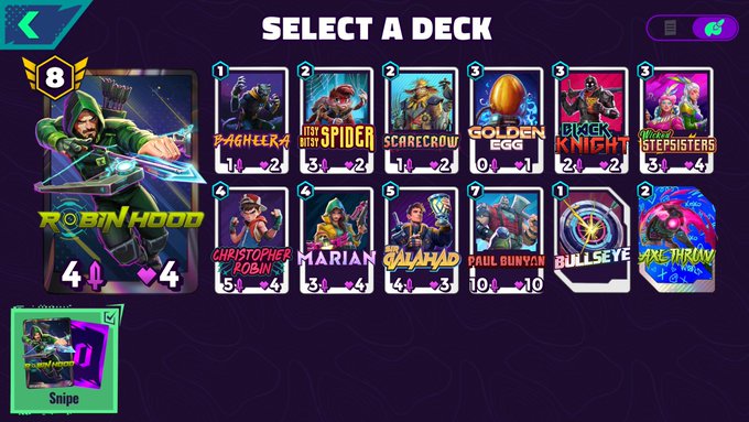 A digital card game 'SELECT A DECK' screen featuring a 'Robin Hood' card (cost 8) alongside other character cards like Blackbeard, Spider, Scarecrow, Golden Egg, Dark Knight, and Stepsisters.